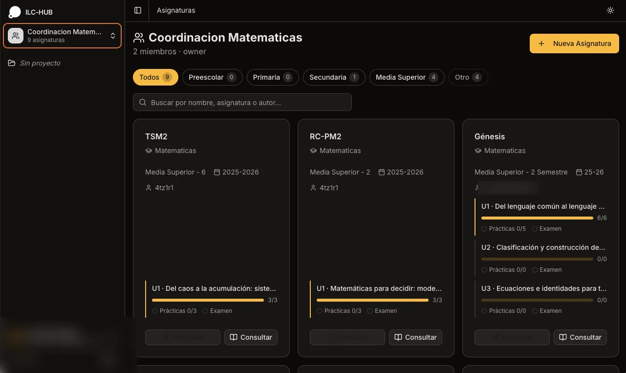 Workspace de coordinación: asignaturas, unidades y progreso.